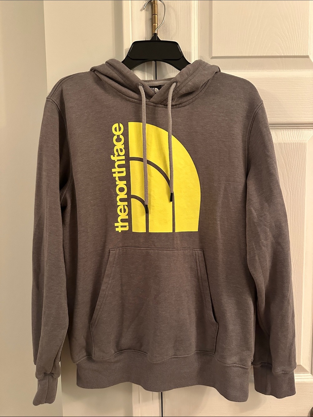 The North Face Men's Gray Pullover Hoodie with Yellow Logo- best for Women’s S/M